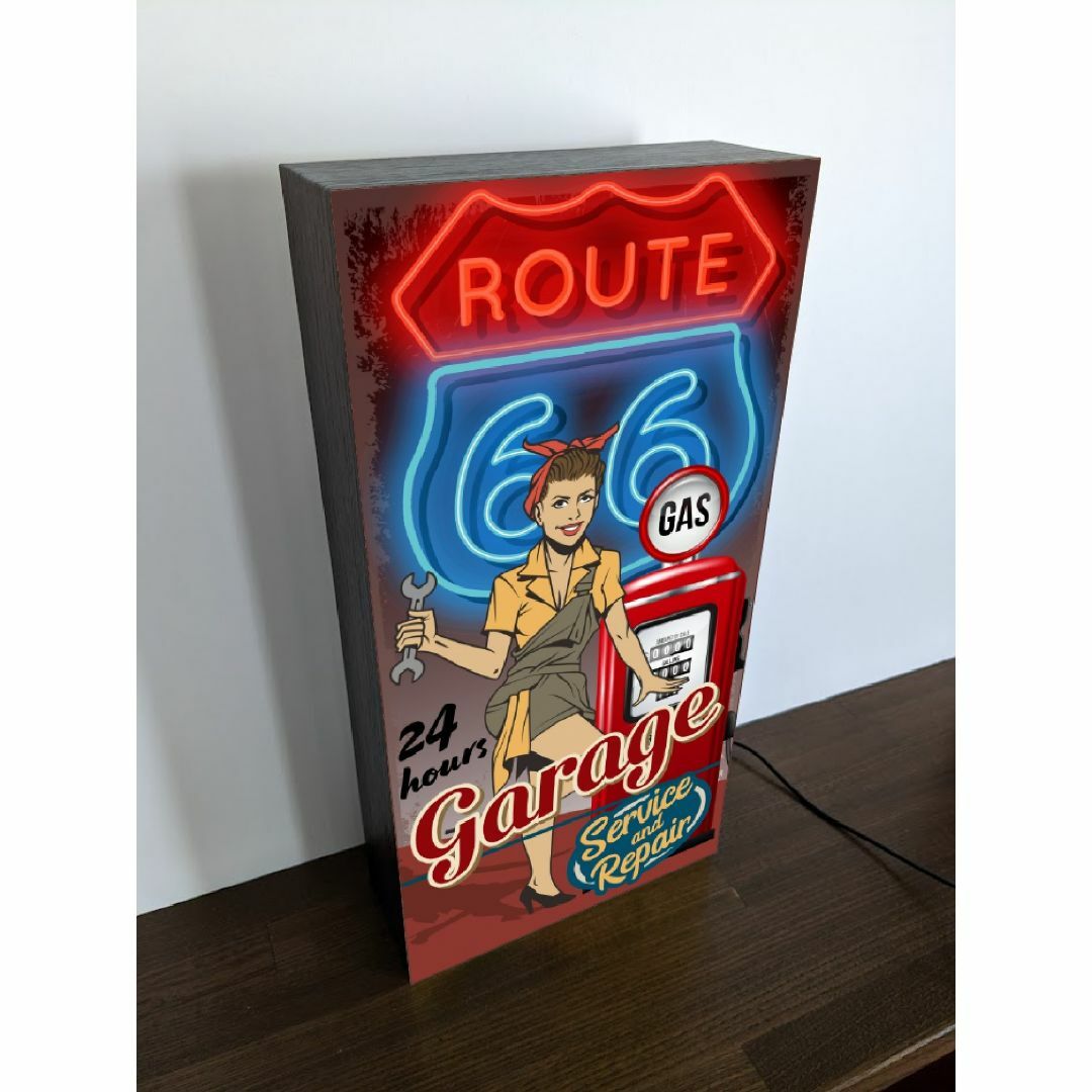 Lサイズ】ルート66 ガレージ 車 置物 看板 アメリカン雑貨 ライトBOX