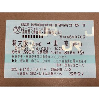 6月25日 新大阪 → 東京 指定 片道 新幹線 チケット(鉄道乗車券)