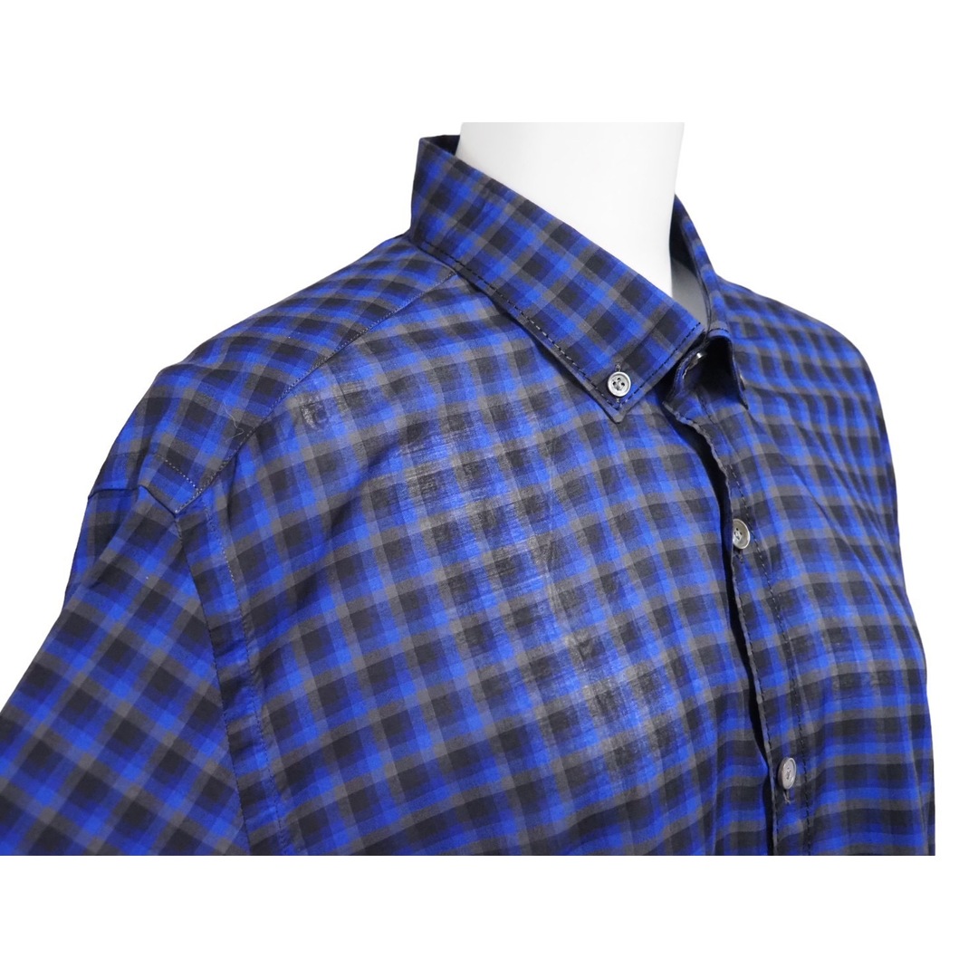 極美品 LANVIN ランバン 長袖シャツ 75008 チェックシャツ ネイビー コットン100％ サイズ40  49593