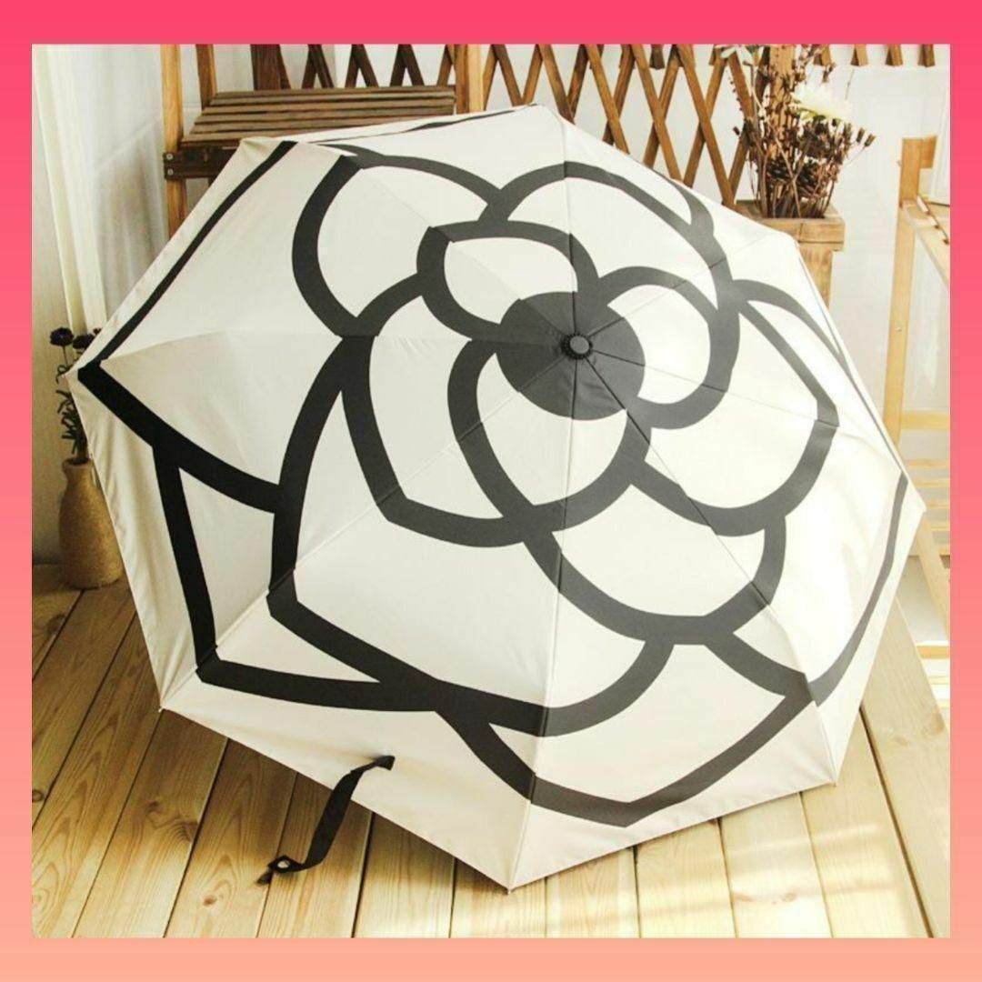 晴雨兼用傘 白 カメリア 折畳傘 紫外線99.9%カット 遮光性100% 花柄 レディースのファッション小物(傘)の商品写真