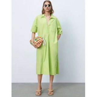 ザラ(ZARA)のZARA 完売　ポプリンワンピース　アップルグリーン　新品(ロングワンピース/マキシワンピース)