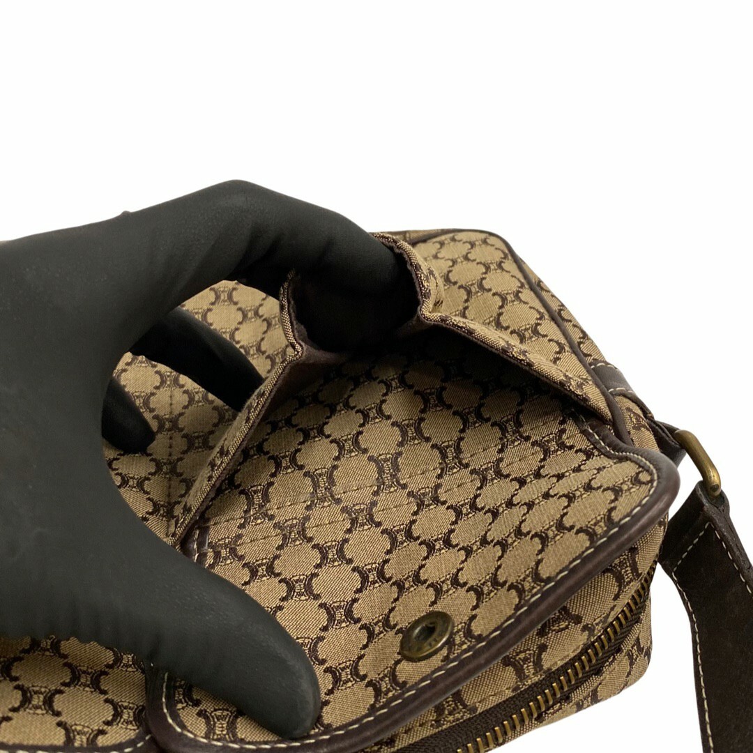ほぼ未使用 CELINE セリーヌ マカダム ブラゾン レザー 本革 キャンバス ミニ ショルダーバッグ ポシェット ブラウン 茶 04362