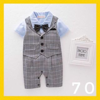 70cm♡男の子半袖スーツ服フォーマルロンパース グレンチェック　グレー(ロンパース)