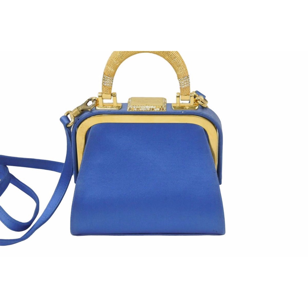 Christian Dior ディオール ヴィンテージ ミニがま口バッグ サテン カバン ブルー ゴールド 美品 29205