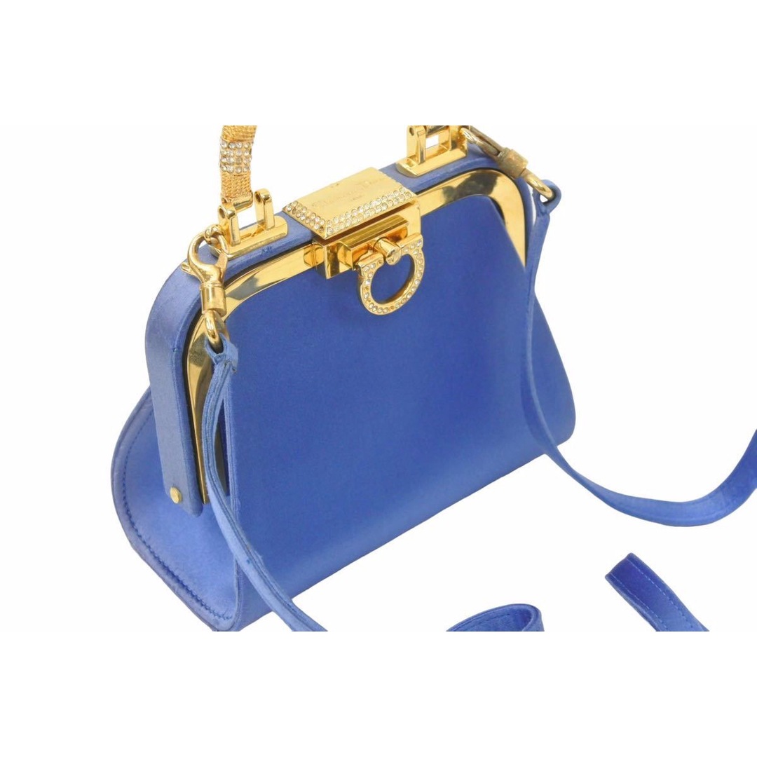 Christian Dior ディオール ヴィンテージ ミニがま口バッグ サテン カバン ブルー ゴールド 美品 29205