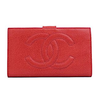 CHANEL キャビアスキン がま口 二つ折り財布 赤