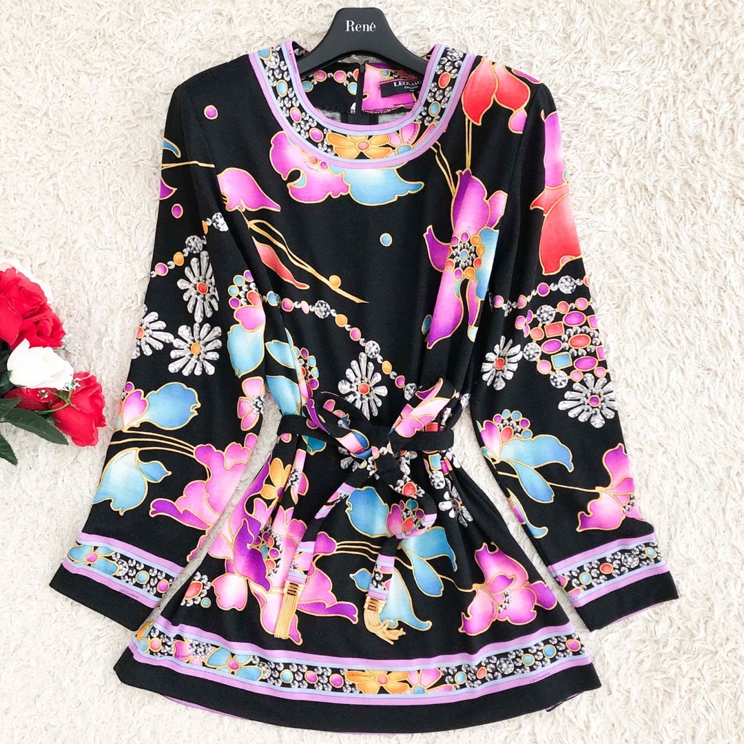 専用 レオナール セットアップ トリム 花柄 シルク ベルト ブラック L
