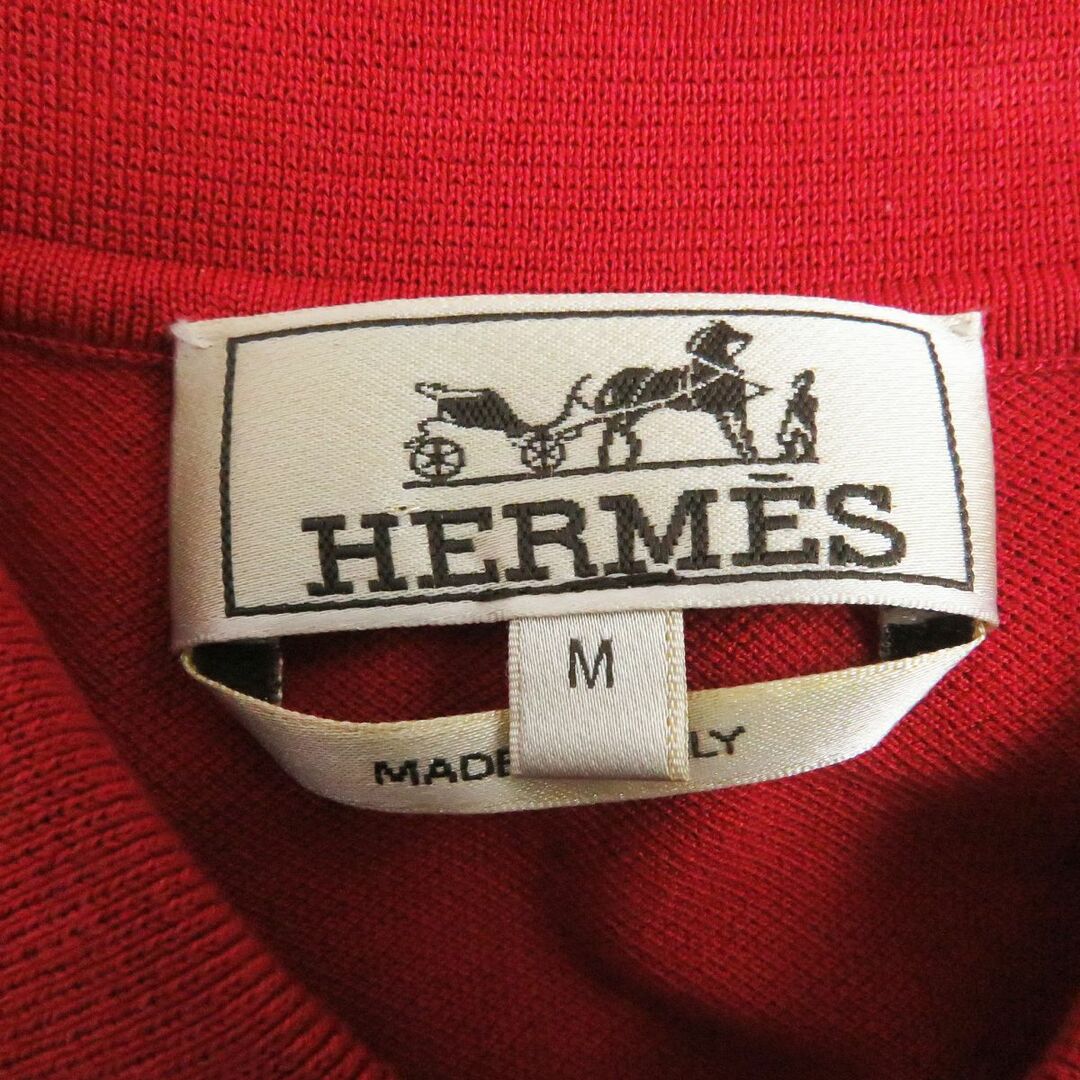 美品□HERMES/エルメス Hロゴ刺繍入り シェルボタン 胸ポケット付き コットン100％ 半袖 ポロシャツ/カットソー レッド M イタリア製