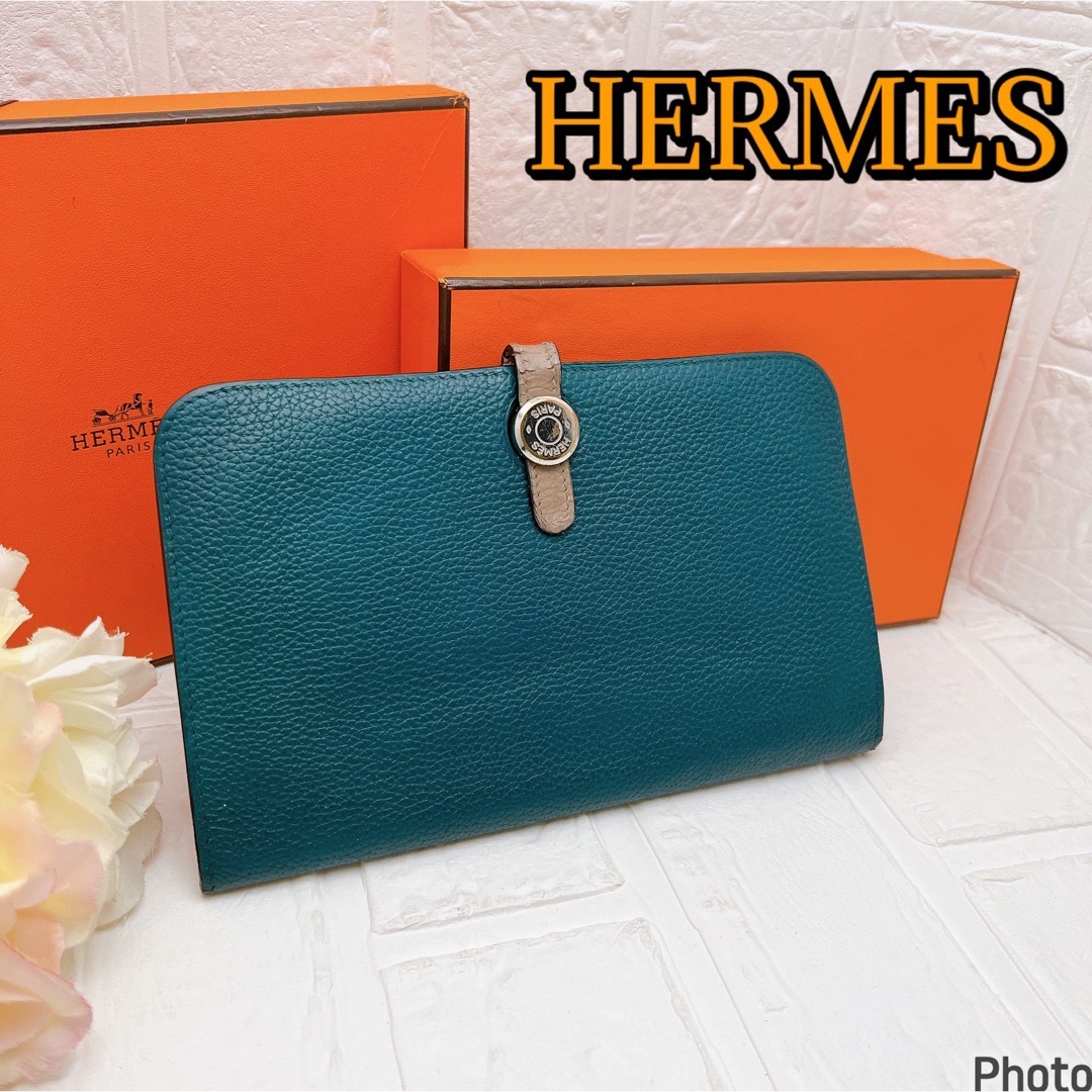 HERMES エルメス ドゴンバイカラー デュオGM 青緑×グレージュ 長 ...