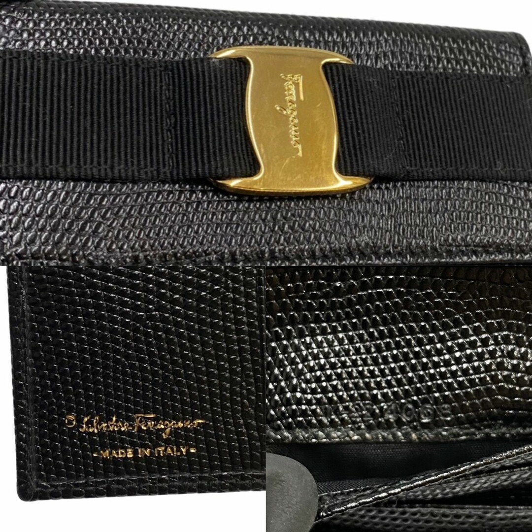 極 美品 Salvatore Ferragamo フェラガモ ヴァラリボン 金具 レザー 本革 Wホック 二つ折り 財布 ミニ ウォレット ブラック 15310