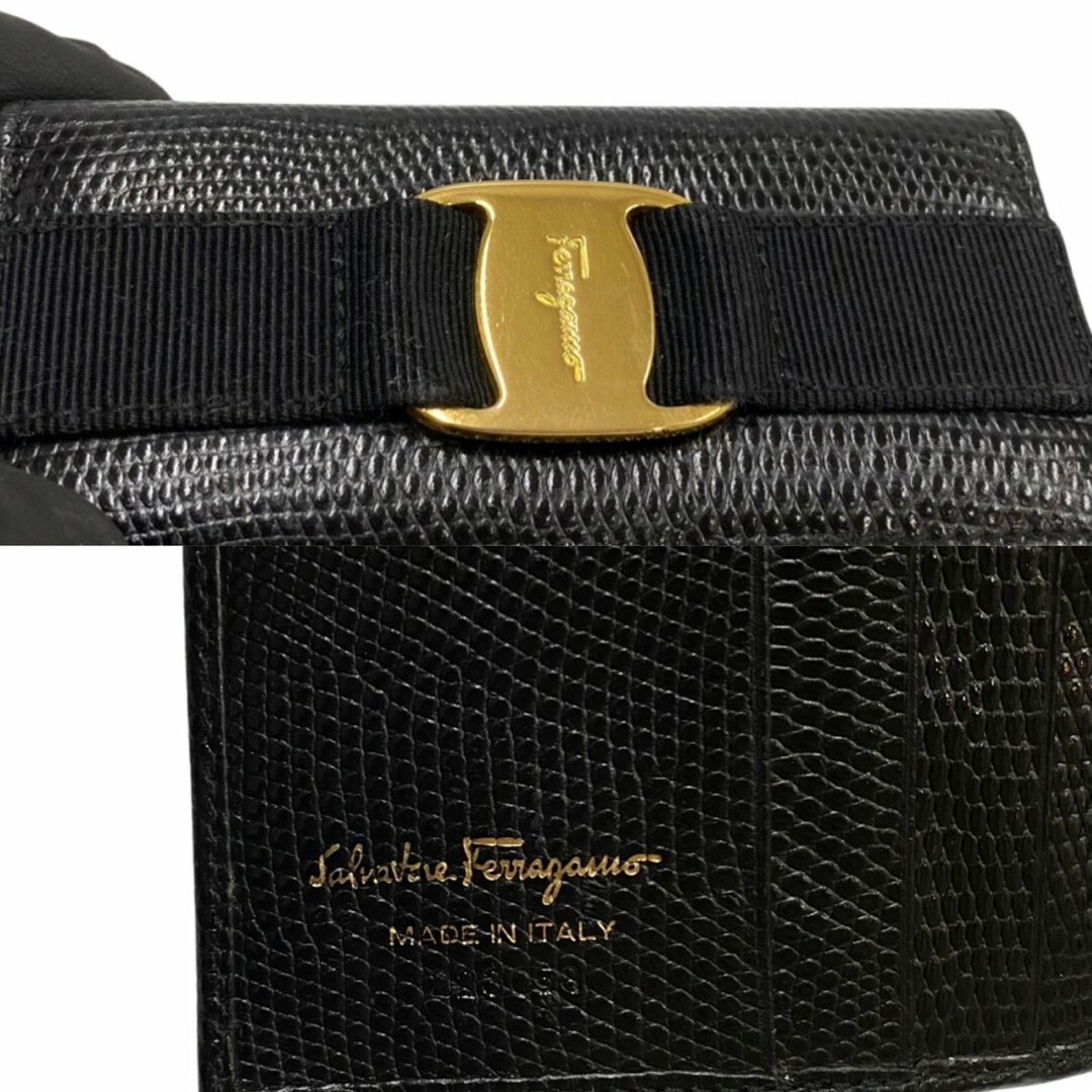 Salvatore Ferragamo(サルヴァトーレフェラガモ)の極 美品 Salvatore Ferragamo フェラガモ ヴァラリボン 金具 レザー 本革 がま口 二つ折り 財布 ミニ ウォレット ブラック 33069 レディースのファッション小物(財布)の商品写真