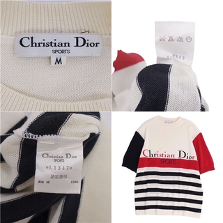 美品 Vintage クリスチャンディオール Christian Dior SPORT ニット セーター 半袖 ショートスリーブ ボーダー柄 トップス  レディース M ホワイト/ブラック/レッド