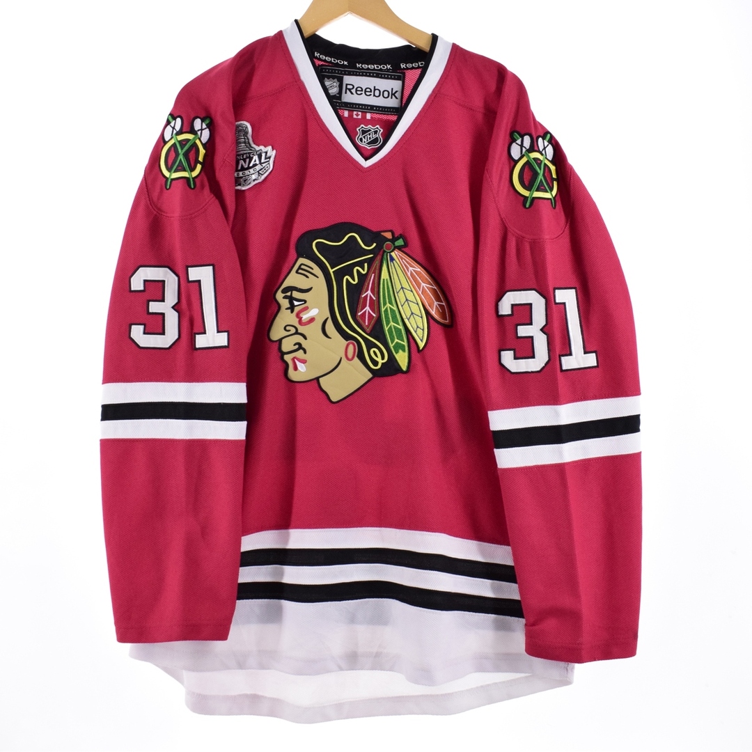 Reebok(リーボック)の古着 リーボック Reebok NHL CHICAGO BLACKHAWKS シカゴブラックホークス Vネック ゲームシャツ ホッケーシャツ カナダ製 メンズXL /eaa343125 メンズのトップス(Tシャツ/カットソー(半袖/袖なし))の商品写真