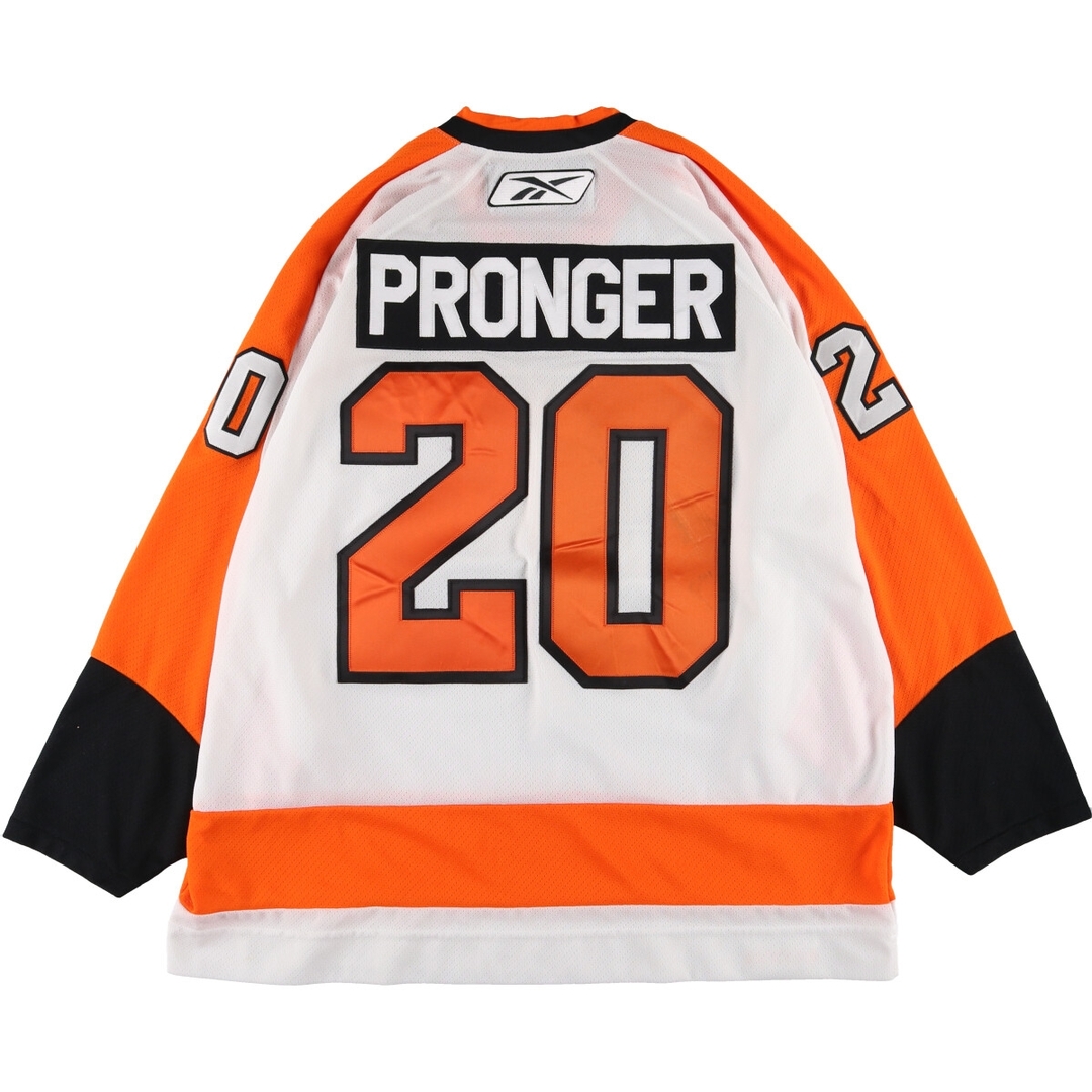 Reebok(リーボック)の古着 リーボック Reebok NHL PHILADELPHIA FLYERS フィラデルフィアフライヤーズ Vネック ゲームシャツ ホッケーシャツ メンズXXL /eaa346154 メンズのトップス(Tシャツ/カットソー(半袖/袖なし))の商品写真