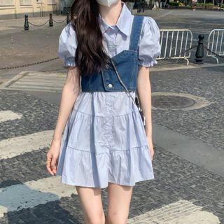 レディースガーリーシャツワンピース　デニムビスチェ付き　ブルー　夏服(その他)