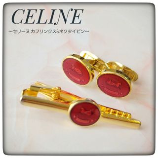 セリーヌ(celine)の【CELINE セリーヌ】レッド 馬車柄メタル入り カフリンクス/タイピンセット(ネクタイピン)