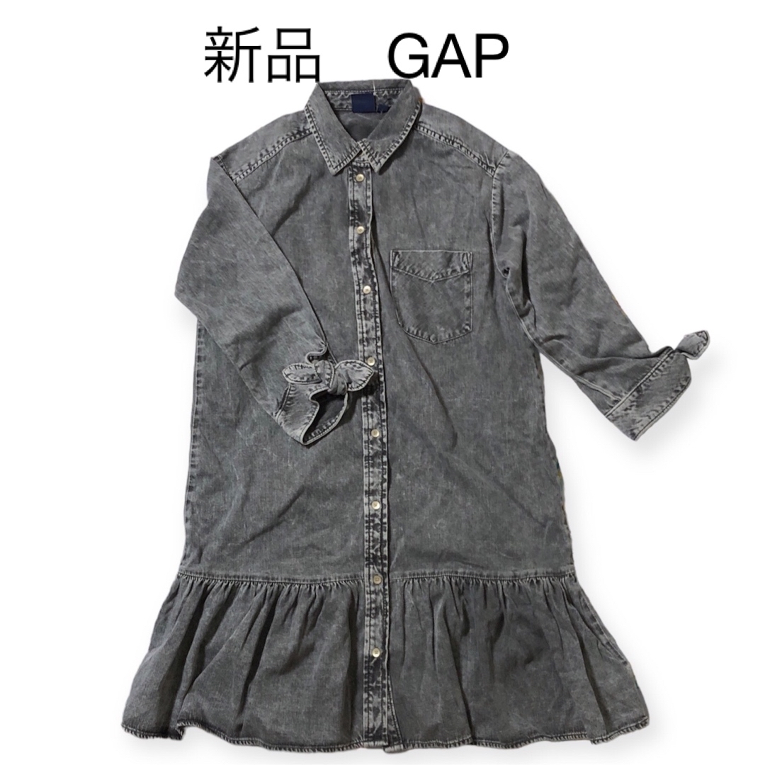 GAP(ギャップ)の新品未使用　GAP ギャップ　デニムワンピース　羽織り　フリル　リボン　M〜L レディースのワンピース(ひざ丈ワンピース)の商品写真