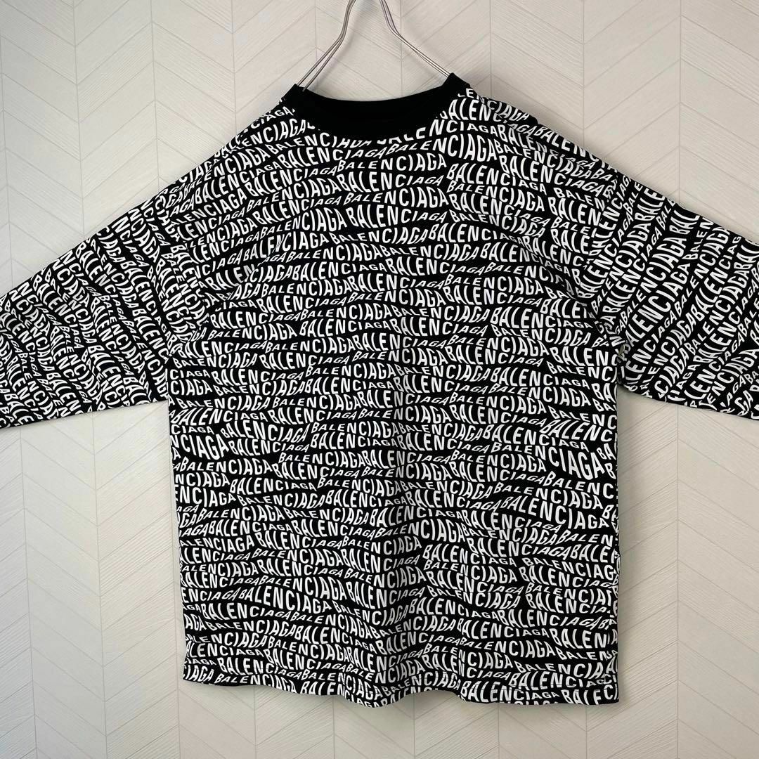 美品 BALENCIAGA 19AW ウェーブロゴ ロンT 総柄 長袖 Tシャツ-