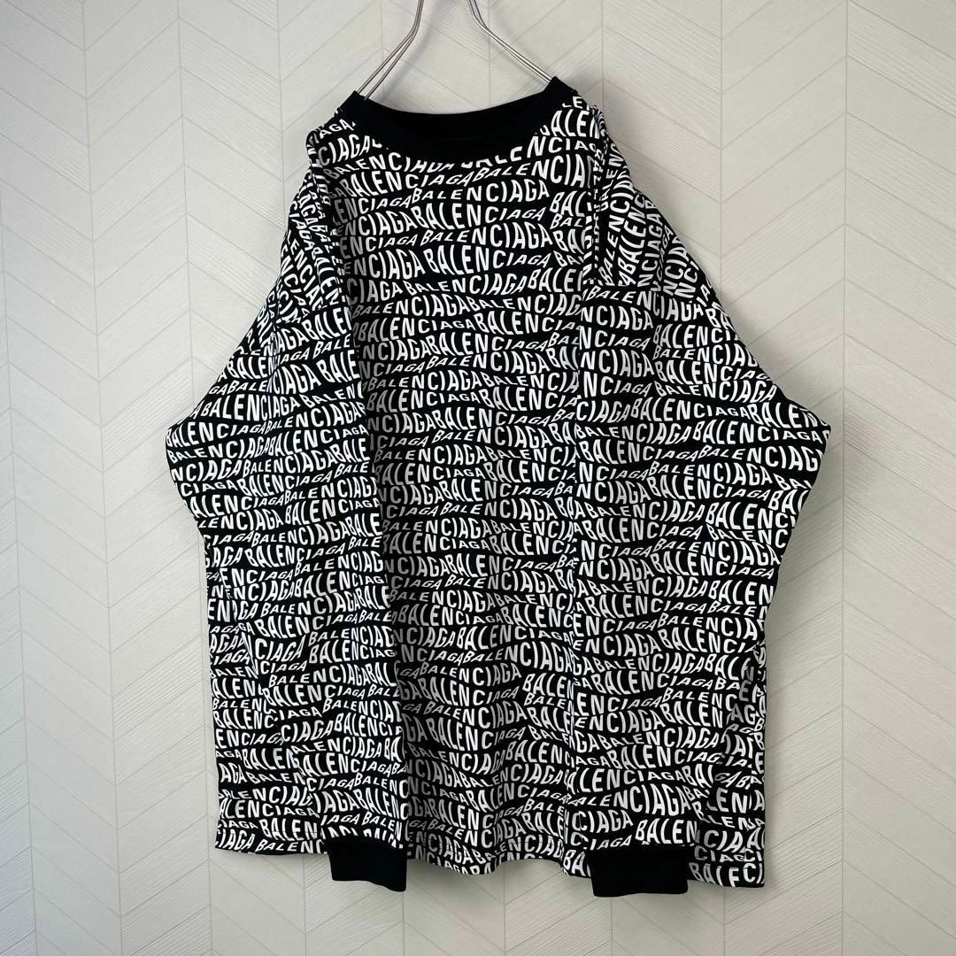 美品 BALENCIAGA 19AW ウェーブロゴ ロンT 総柄 長袖 Tシャツ-