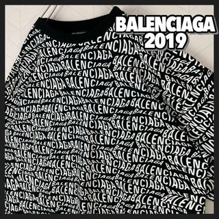 美品 BALENCIAGA 19AW ウェーブロゴ ロンT 総柄 長袖 Tシャツ-