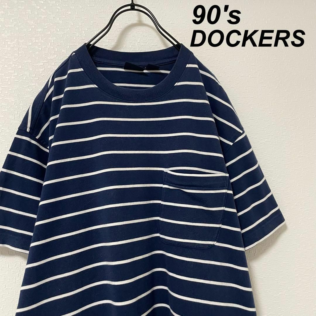 90's ドッカーズ/DOCKERS ボーダー ポケットTシャツ ネイビー