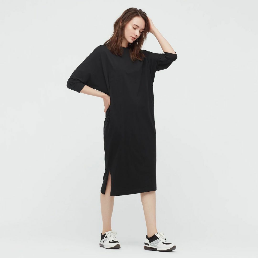 UNIQLO(ユニクロ)のUNIQLO　スムースコットンドルマンスリーブワンピース（7分袖）BLACK レディースのワンピース(ロングワンピース/マキシワンピース)の商品写真