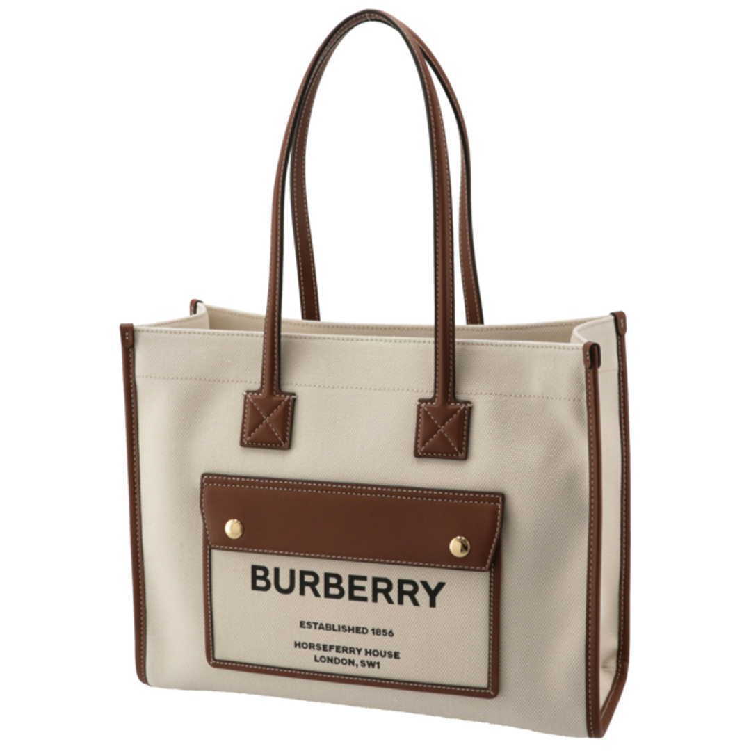 BURBERRY(バーバリー)のバーバリー BURBERRY トートバッグ スモール ツートン キャンバス&レザー フレヤバッグ ブラウン系 ナチュラル／タン 8044138   レディースのバッグ(トートバッグ)の商品写真