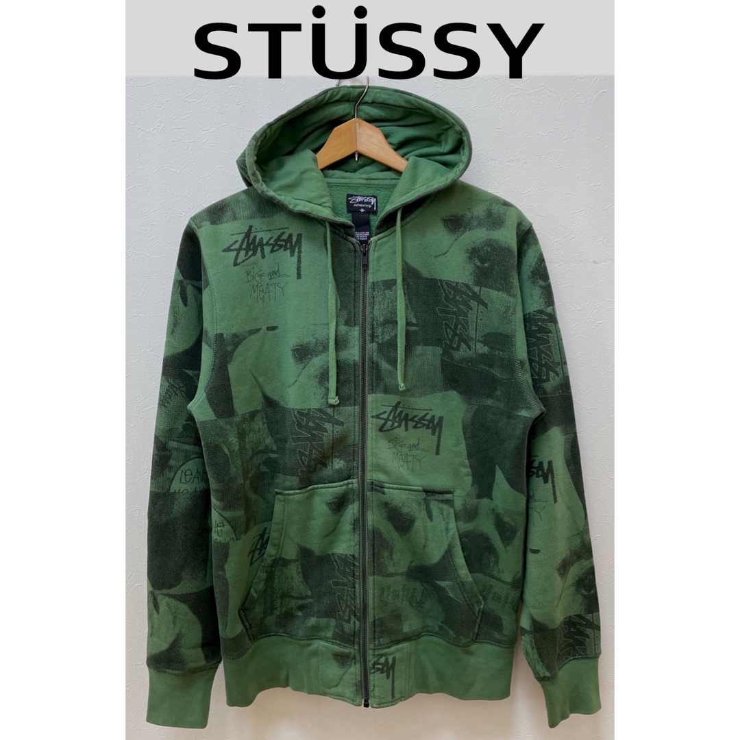 STUSSYステューシー ジップアップパーカー フォト 総柄 グリーン M