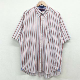 トミーヒルフィガー(TOMMY HILFIGER)のUS古着 トミーヒルフィガー TOMMY HILFIGER ボタンダウンシャツ 半袖 マルチストライプ柄 ワンポイント エンブレム 刺繍 マチ付き サイズ：メンズ XL ビッグサイズ ホワイト×エンジ×ライトイエロー等【中古】(シャツ)