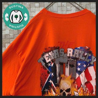 アメリカ古着 ハーレー風スカルプリント バックプリントTシャツ オレンジ2XL(Tシャツ/カットソー(半袖/袖なし))