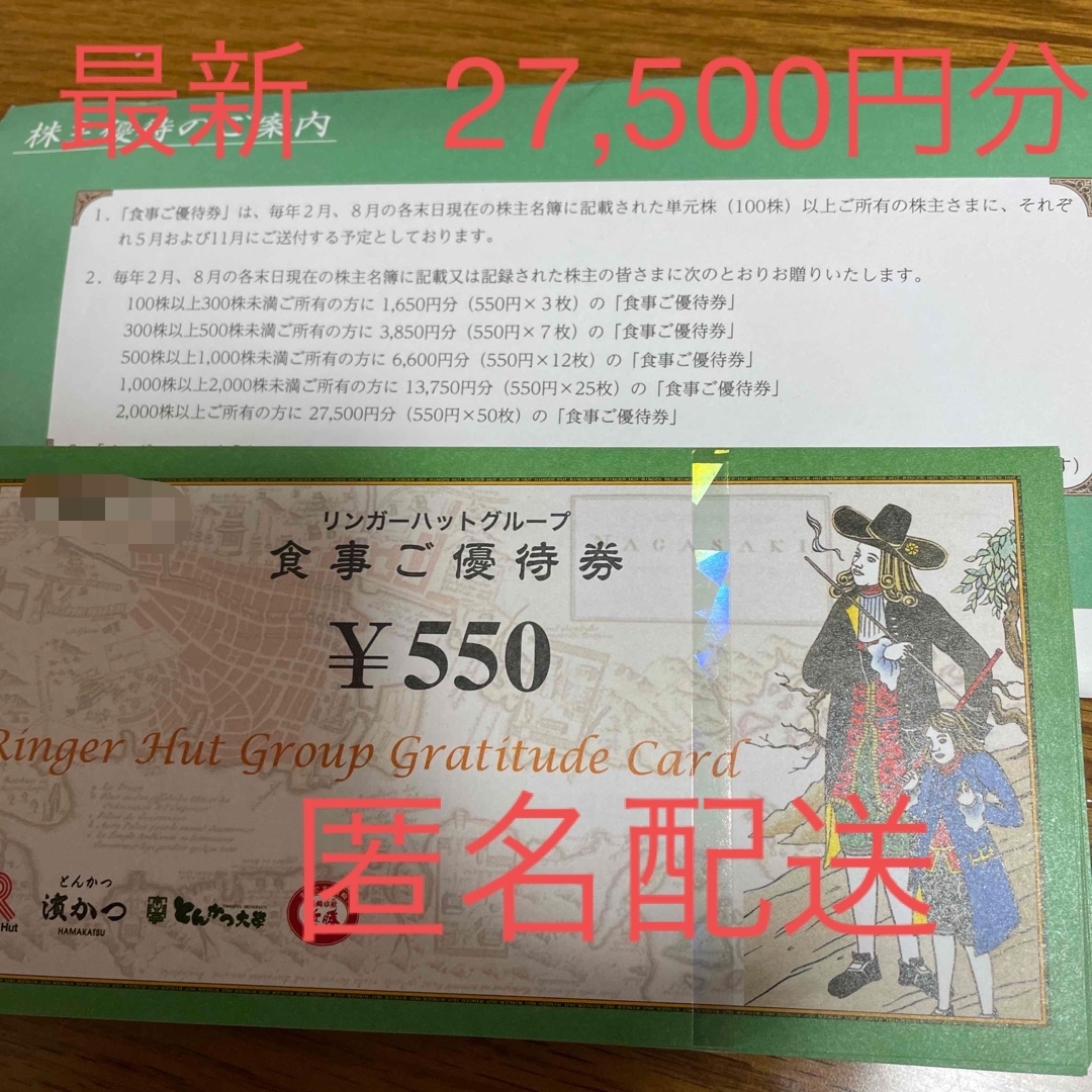 リンガーハット 株主優待 　27500円分優待券/割引券