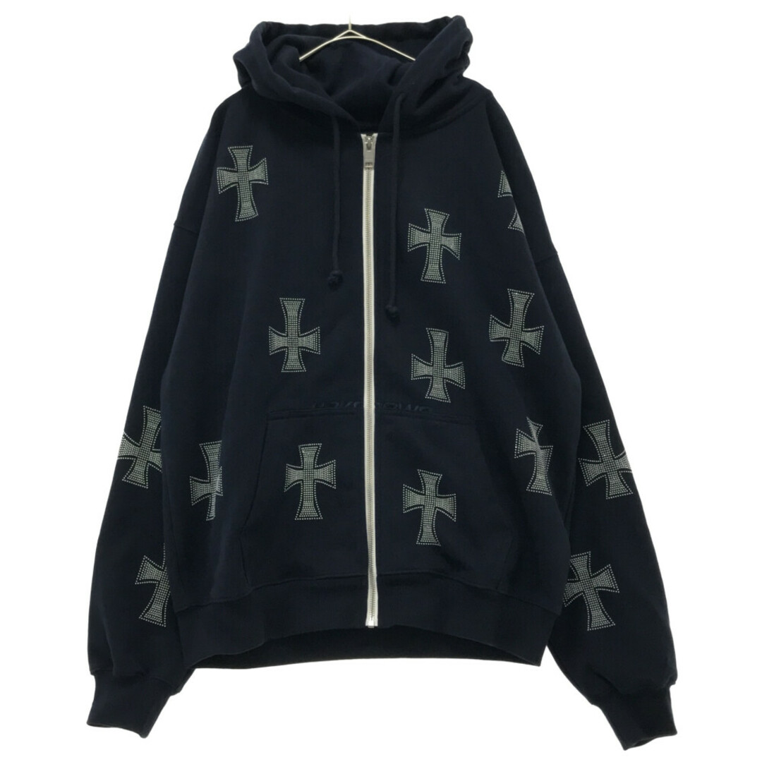 UNKNOWN アンノウン Navy Cross Rhinestone Zip Hoodie ネイビー クロスラインストーン ジップアップパーカー フーディー DK-ZH6-UK65センチ肩幅