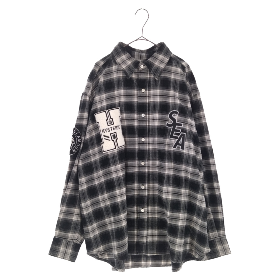 WIND AND SEA ウィンダンシー ×Hysteric Glamour 3rd CHECK SHIRT ヒステリックグラマーコラボ ロゴワッペン 長袖チェックシャツ ブラック/グレー WDS-HYS-3-04