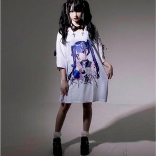 REFLEM レフレム negi コラボ 青髪少女袖レースアップデザインTシャツ