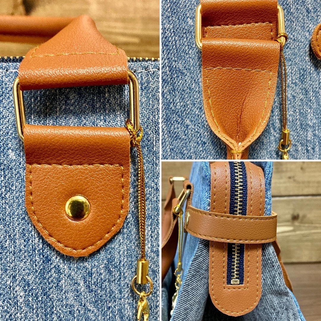 在庫一掃】 デニムリメイク トートバッグ 2way 刺繍花柄 底板底鋲付き