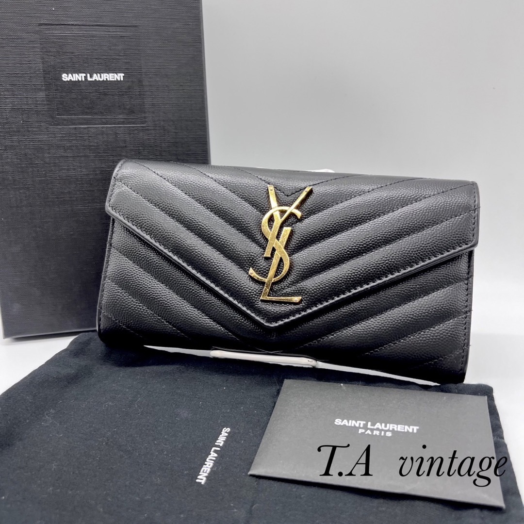 美品！サンローラン パリ YSL Vステッチ 長財布 ブラック-