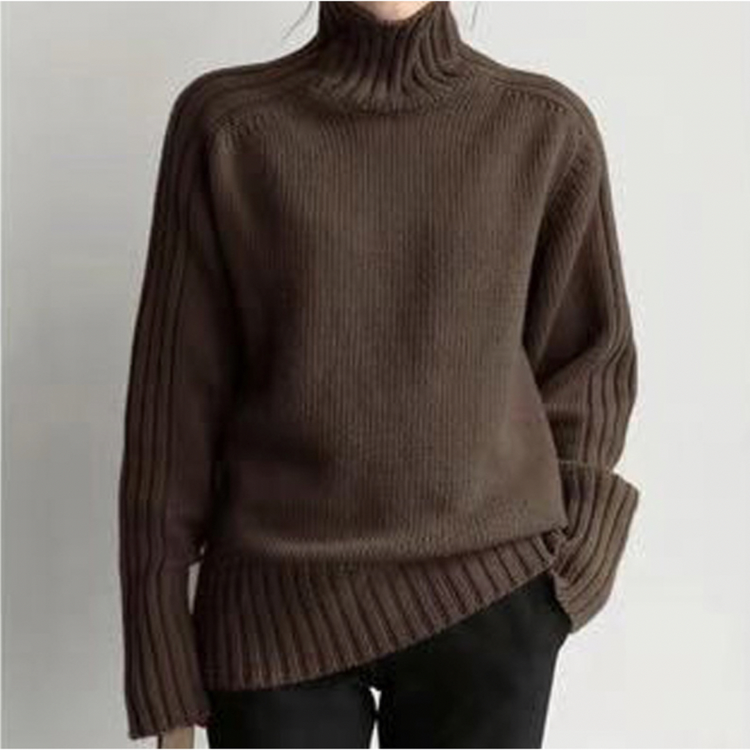 定番入荷 リブ編み 細見え効果 タートルネック ニット セーター ダーク