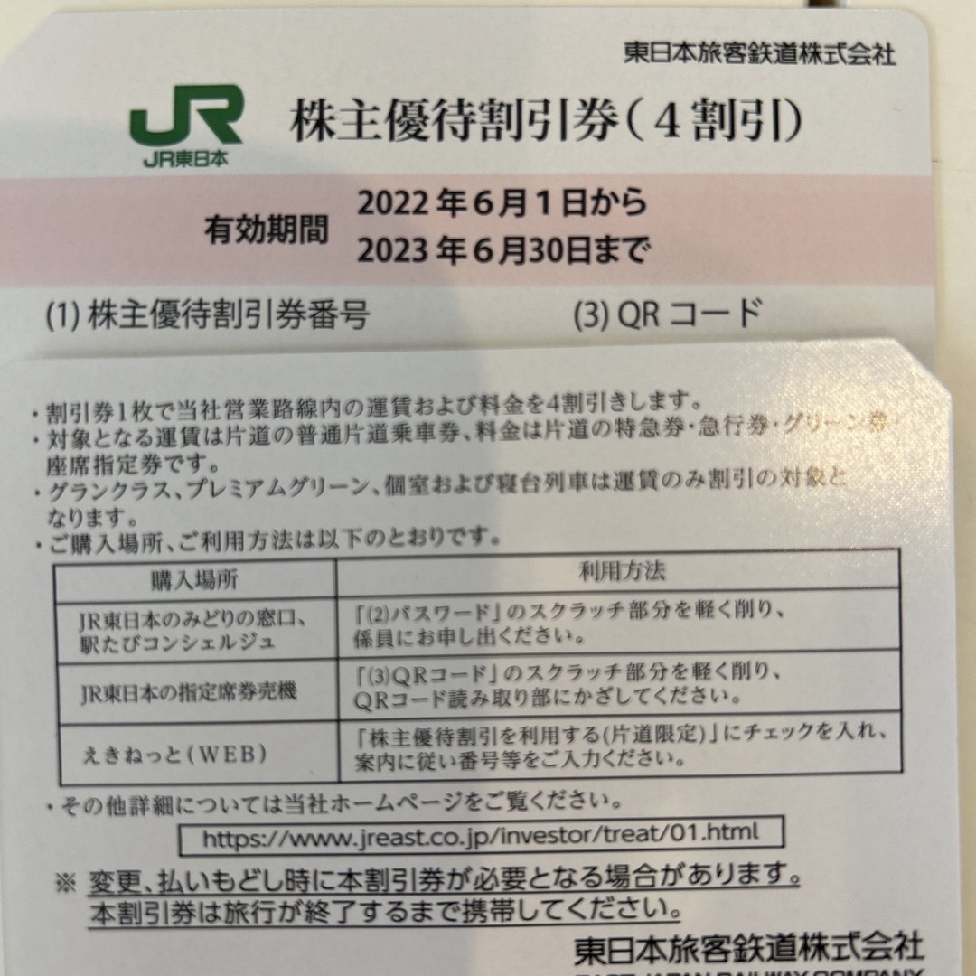 JR東日本株主優待割引券（4割引き）２枚