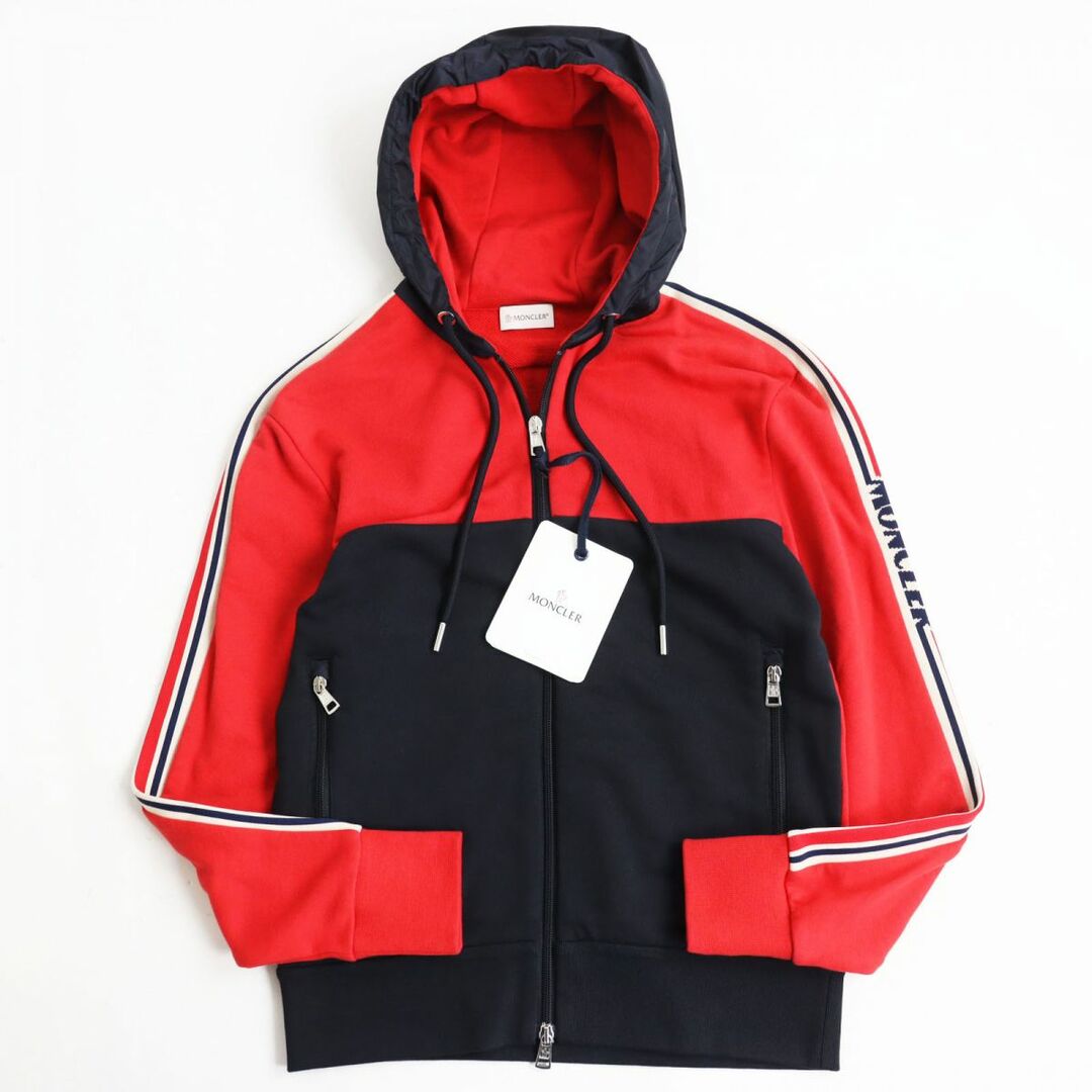 未使用品●2019年製 MONCLER モンクレール MAGLIA 袖ライン/ロゴ入り ZIP UP スウェットパーカー/フーディ レッド×ネイビー S 正規品