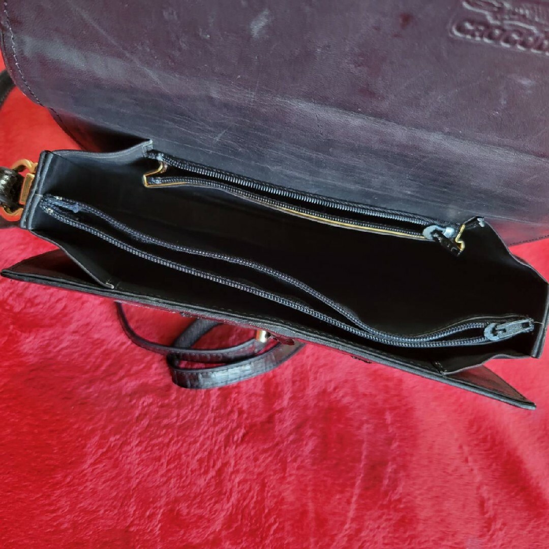 美品】クロコダイル ワニ革 内側革張 レザー ショルダーバッグ 黒 金