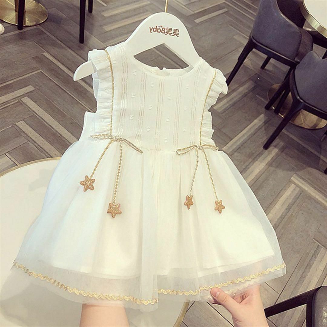 ふんわり シフォン ワンピース 女の子 春 夏 フォーマル 誕生日 白 90 キッズ/ベビー/マタニティのキッズ服女の子用(90cm~)(ワンピース)の商品写真