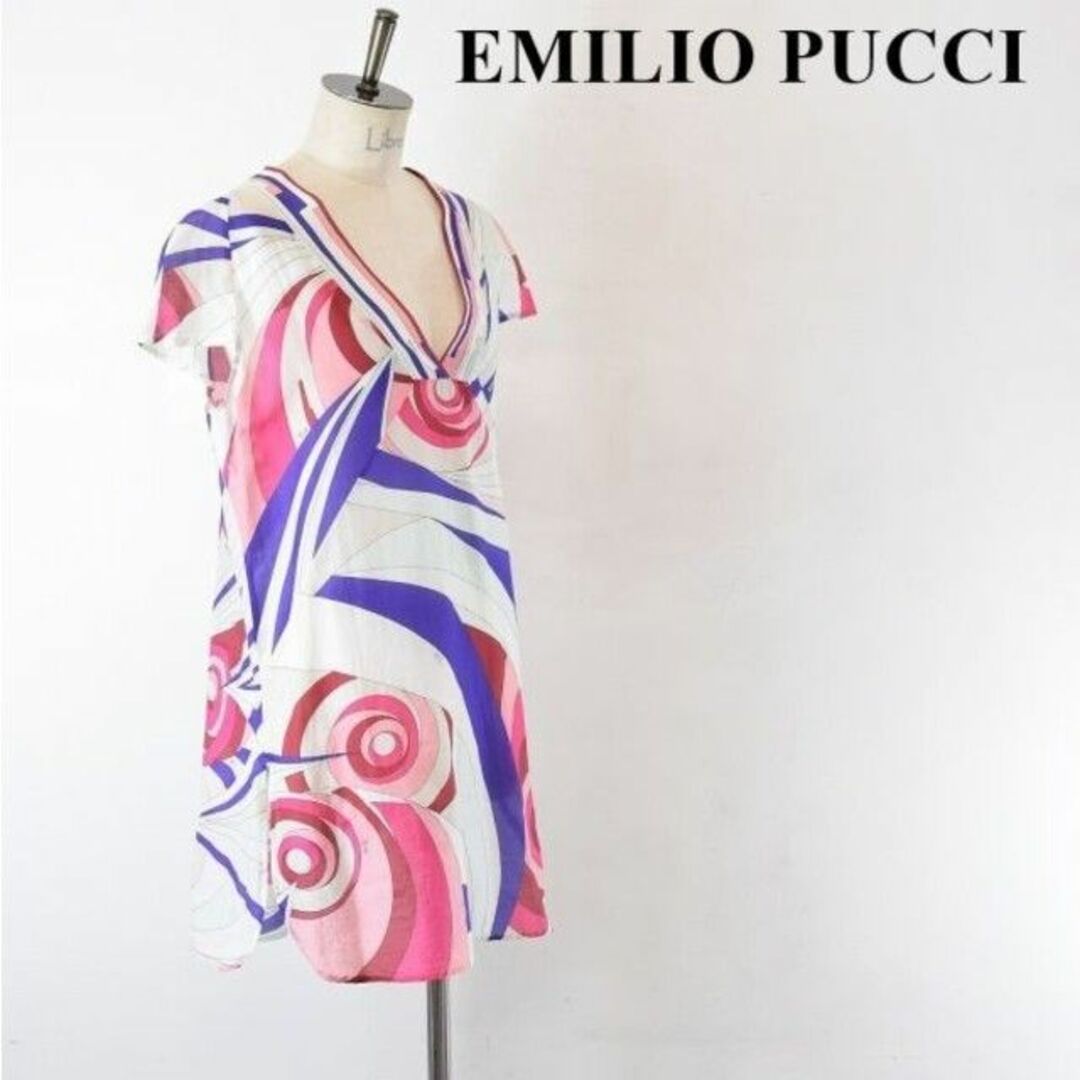 【美品】EMILIO PUCCI プッチ柄ワンピース ノースリーブ 膝丈 ピンク