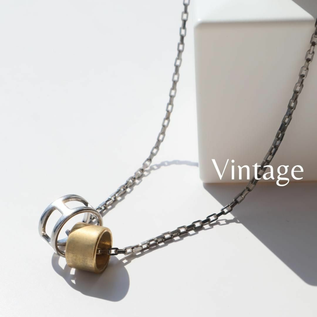 ART VINTAGE(アートヴィンテージ)の【vintage】バイカラー ダブル リング ネックレス シルバー×ゴールド メンズのアクセサリー(ネックレス)の商品写真