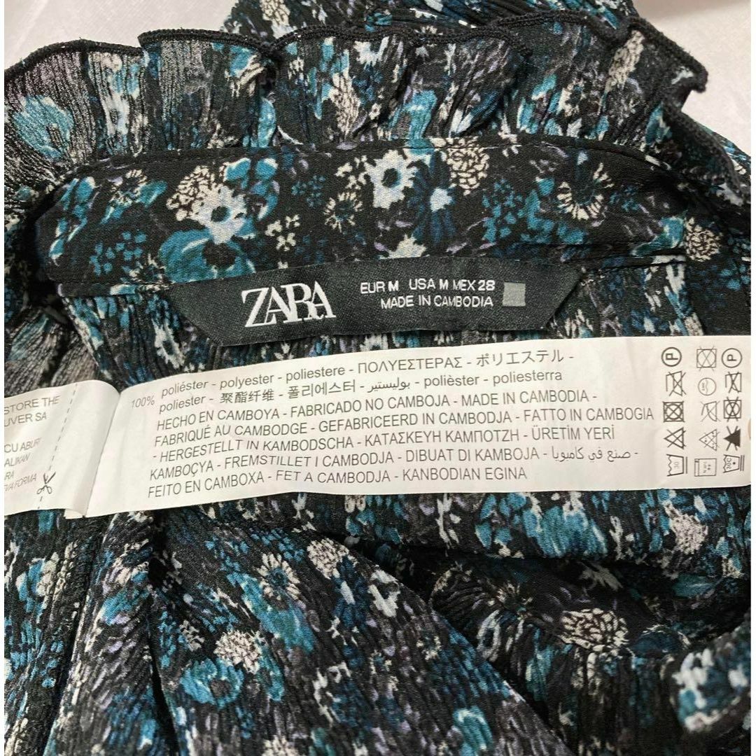 ZARA(ザラ)のZARA ブラウス リンクル加工 ターコイズ M ストレッチ フリル立襟 透け感 レディースのトップス(シャツ/ブラウス(長袖/七分))の商品写真
