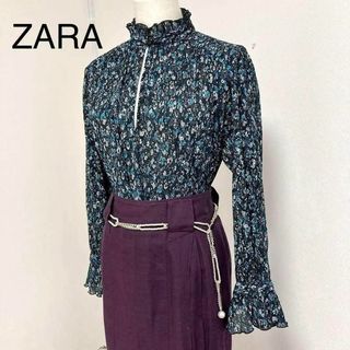 ザラ(ZARA)のZARA ブラウス リンクル加工 ターコイズ M ストレッチ フリル立襟 透け感(シャツ/ブラウス(長袖/七分))