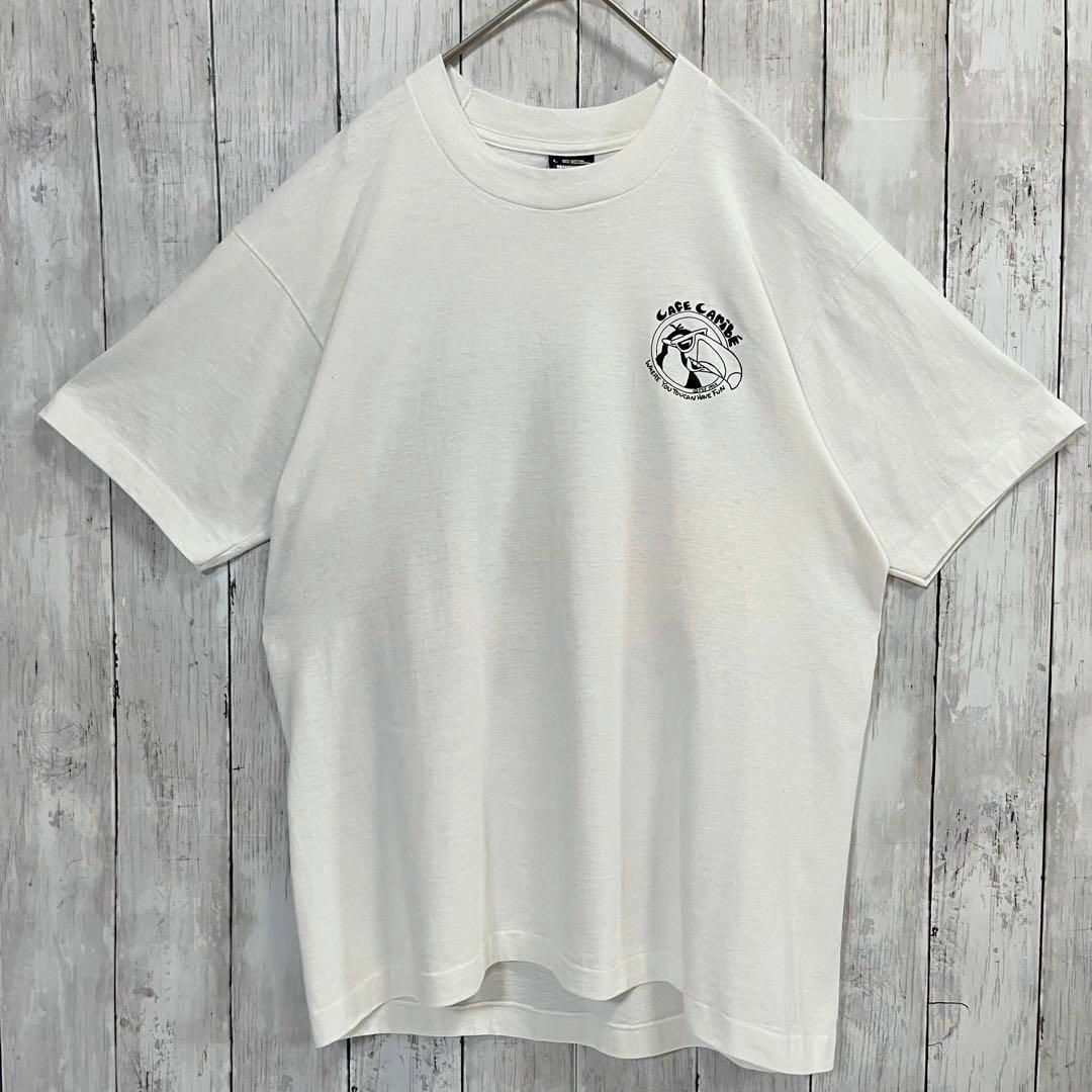 90sヴィンテージUSA製シングルステッチ古着カフェカリブバックプリントTシャツ