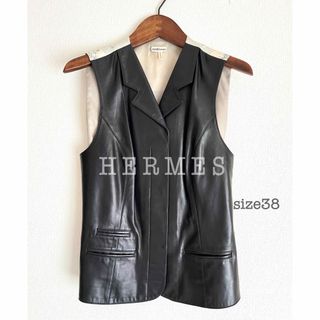 良品△HERMES エルメス マルジェラ期 カーフスキン シルク100％ スウェードレザー ZIP UP ベスト 雪 結晶柄 ベージュ系 36 レディース 仏製