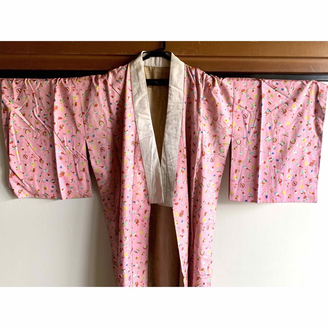 ◆着物 長襦袢 花柄 和装 振袖 単衣 羽織 縁起物 紋 ピンク 昭和レトロ レディースの水着/浴衣(着物)の商品写真