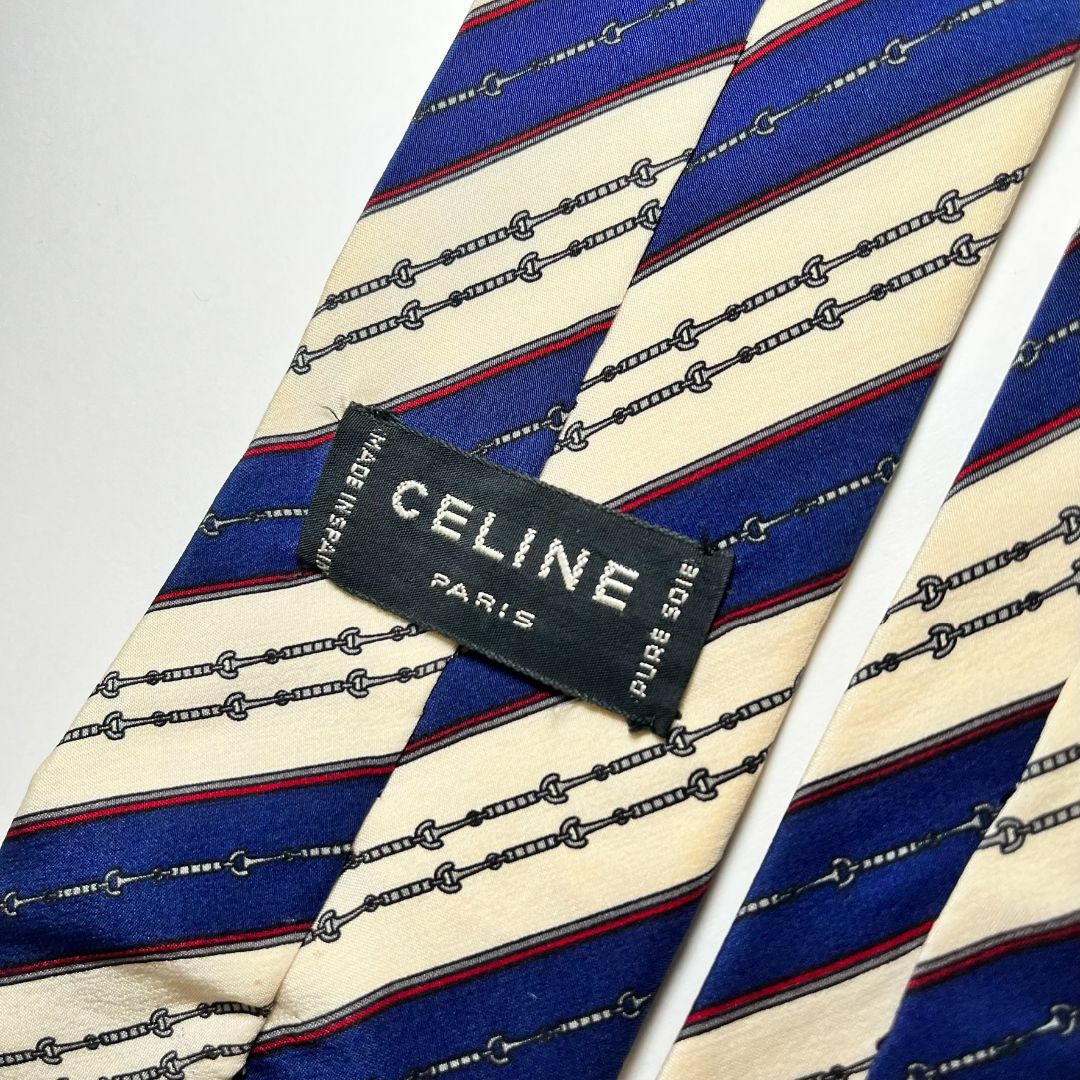 celine(セリーヌ)のセリーヌ CELINE シルク ホワイト マカダム 総柄 知的 ストライプ 紺 メンズのファッション小物(ネクタイ)の商品写真