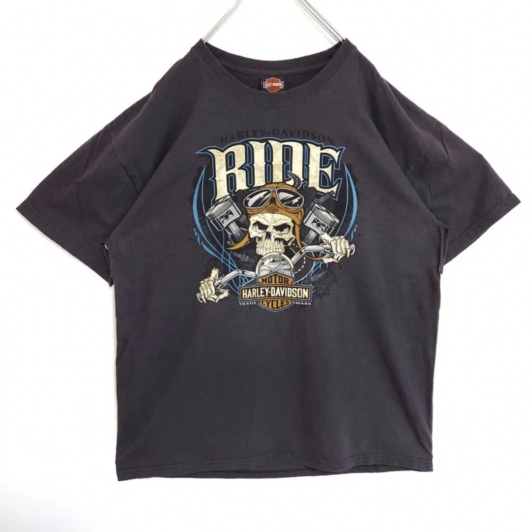 ハーレーダビッドソン 両面プリントTシャツ ドクロ バイク L グレー 黒 青
